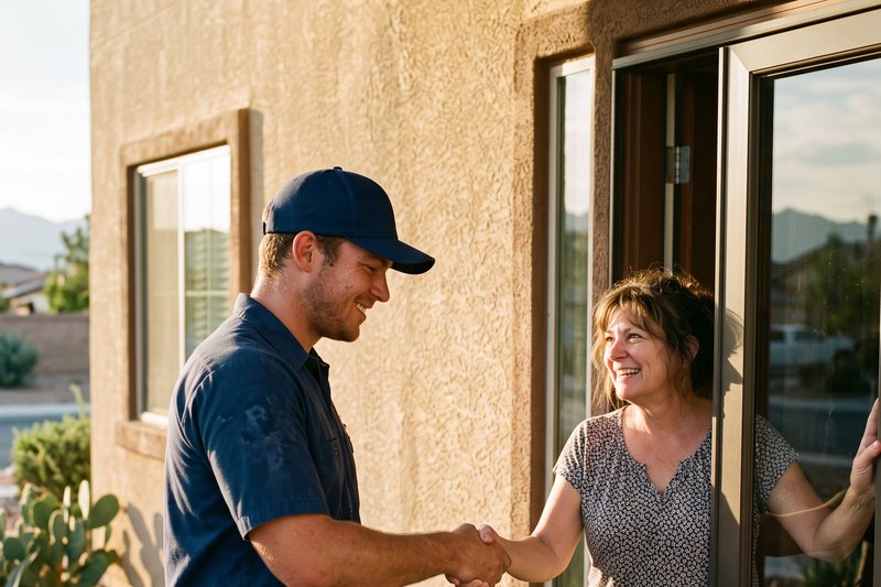 A Ziggy technician shaking hands with a homeowner at her front door in Las Vegas