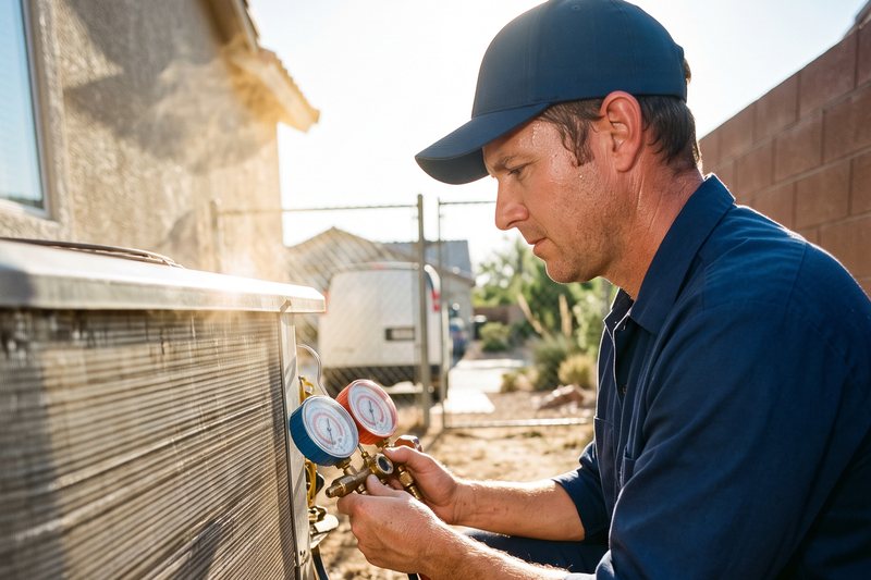 Ziggy technician diagnosing an air conditioning unit with manifold gauges
