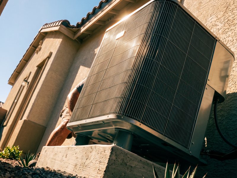 A newly installed high-efficiency condenser unit beside a Las Vegas home